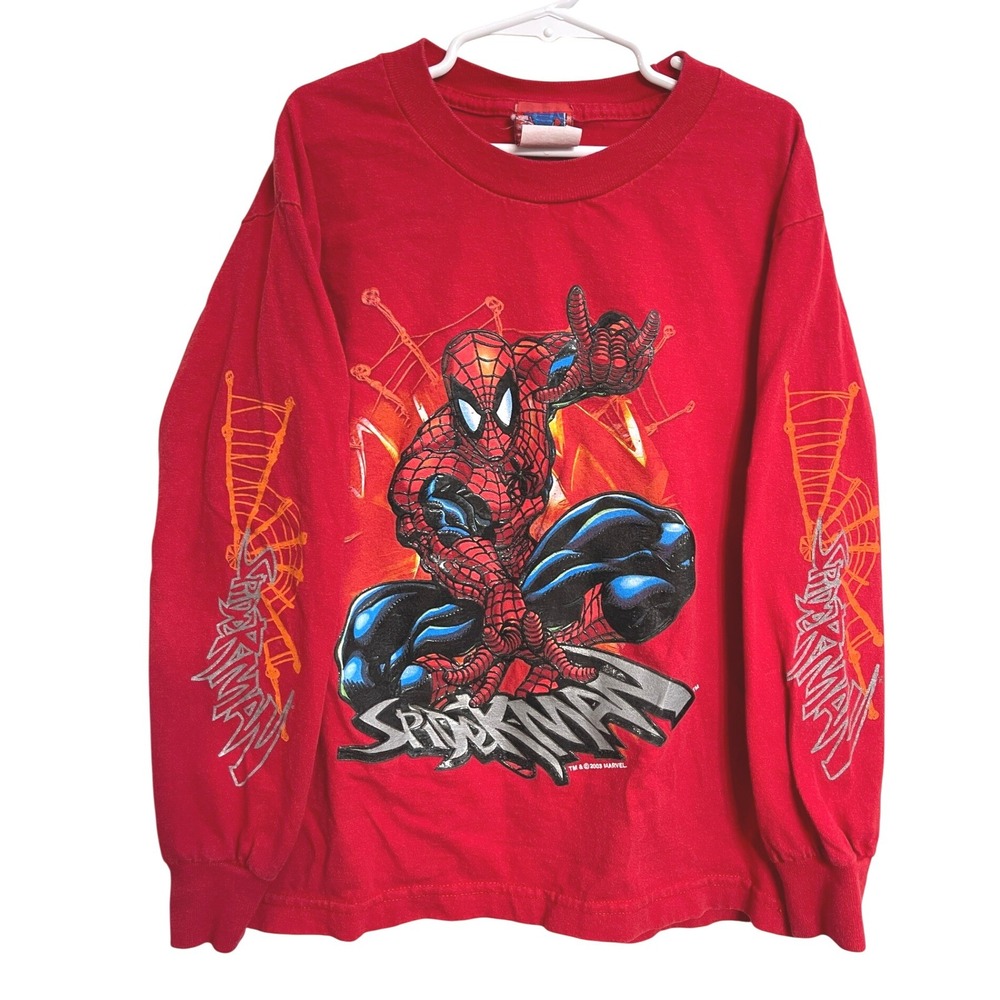 Vintage Y2K 2003 Spider Man Marvel Red Long Sleeve Web Shirt Youth S